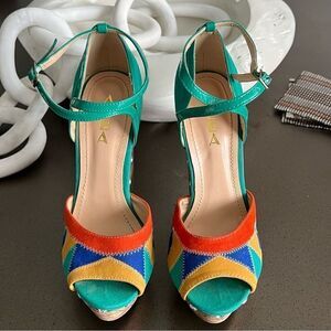 ALBA Peep Toe Platform Multicolor Patche Design Stitch Front Ankle Belt Size 7.5